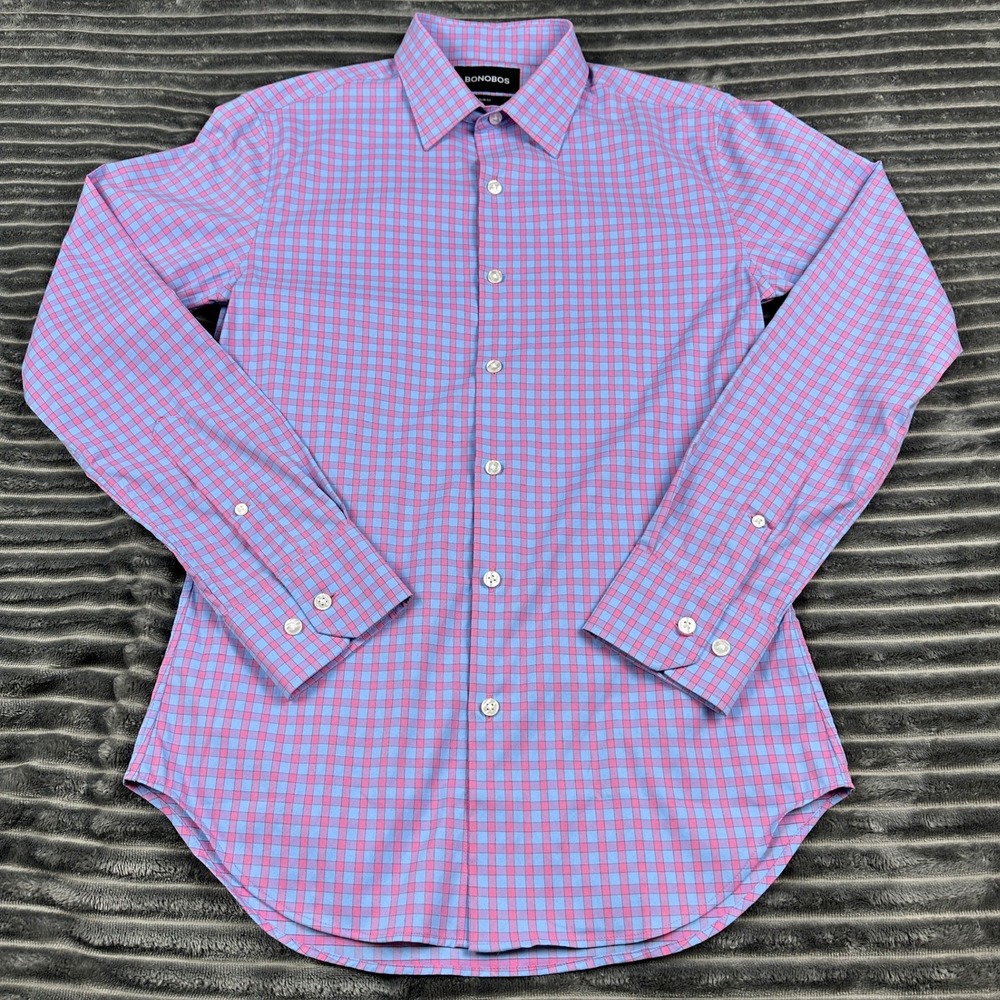 Bonobos Jetsetter Slim Fit Shirt Mens XS Pink Blue Check Stretch Long Sleeve